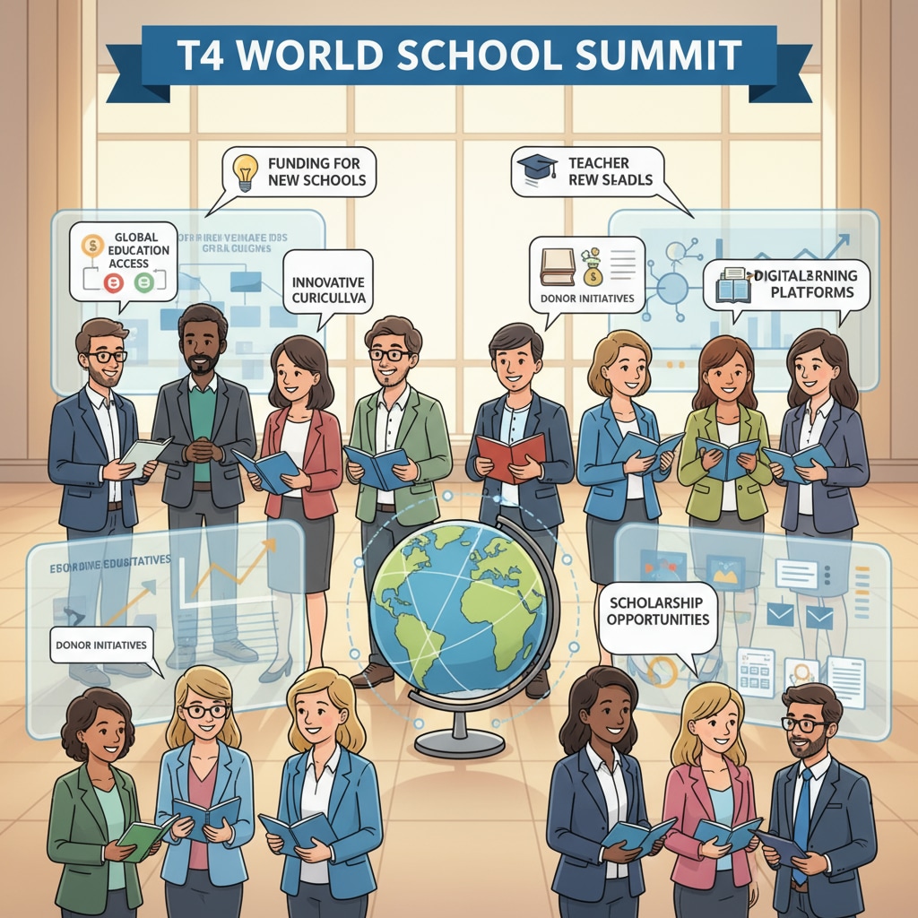 People networking at the T4 World School Summit, focusing on donor relations and cultural etiquette.