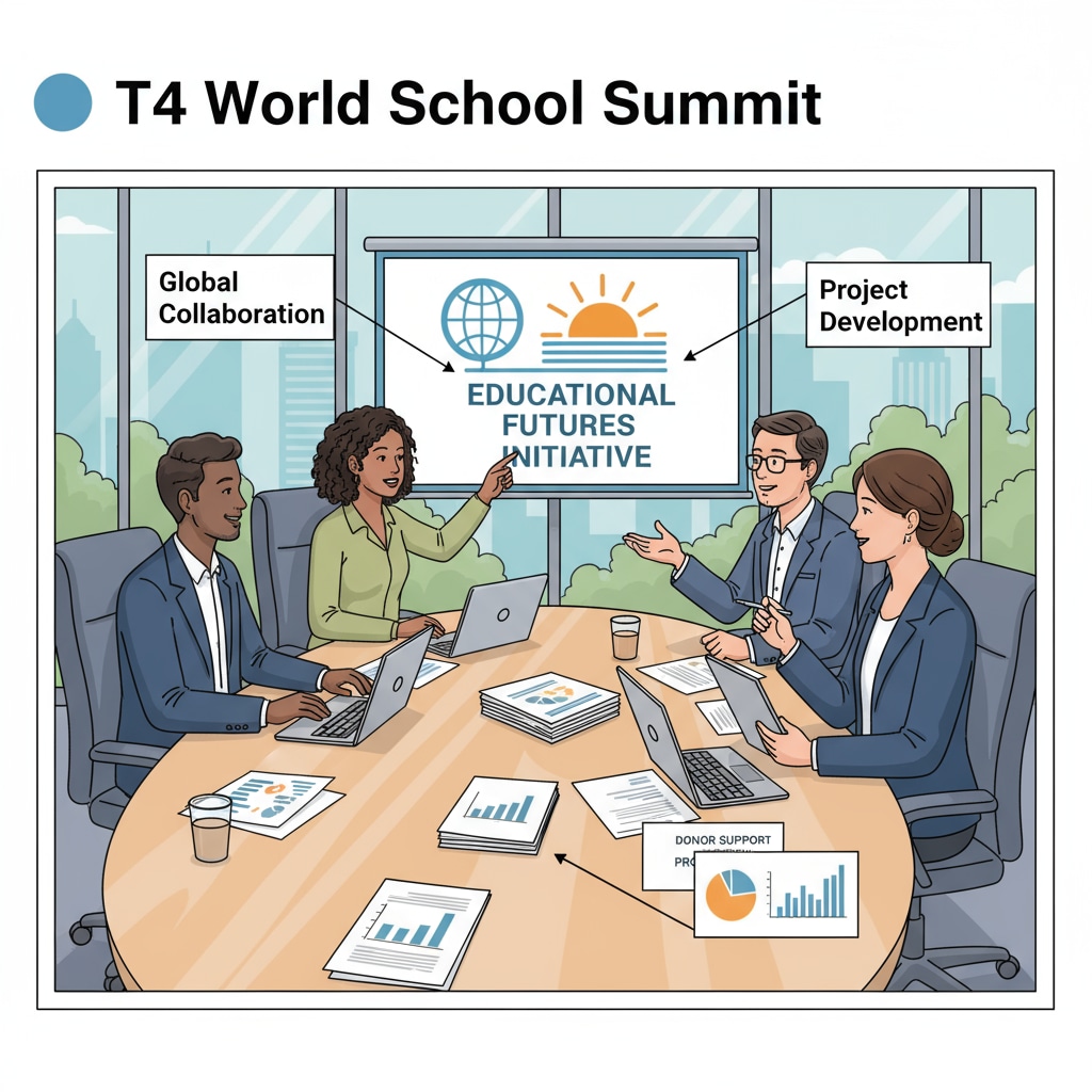 People discussing educational projects and donor support at the T4 World School Summit, highlighting cultural etiquette in the interaction.