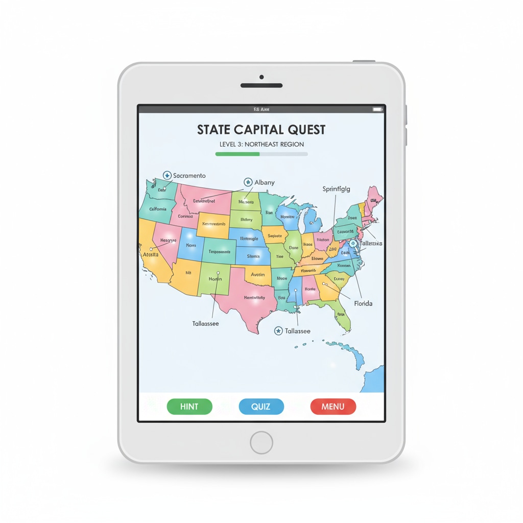 A screenshot of a state capital learning app with an interactive map for geographic education.