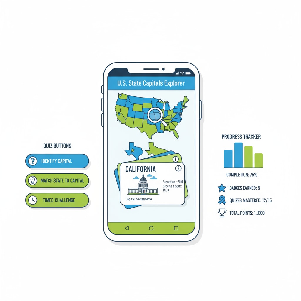 Graphic of interactive elements in a state capital learning educational app.