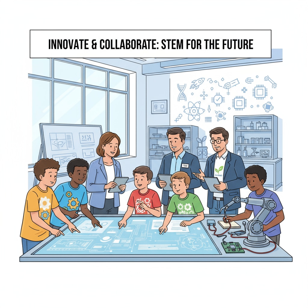 Students, teachers, and business representatives collaborating on a STEM project