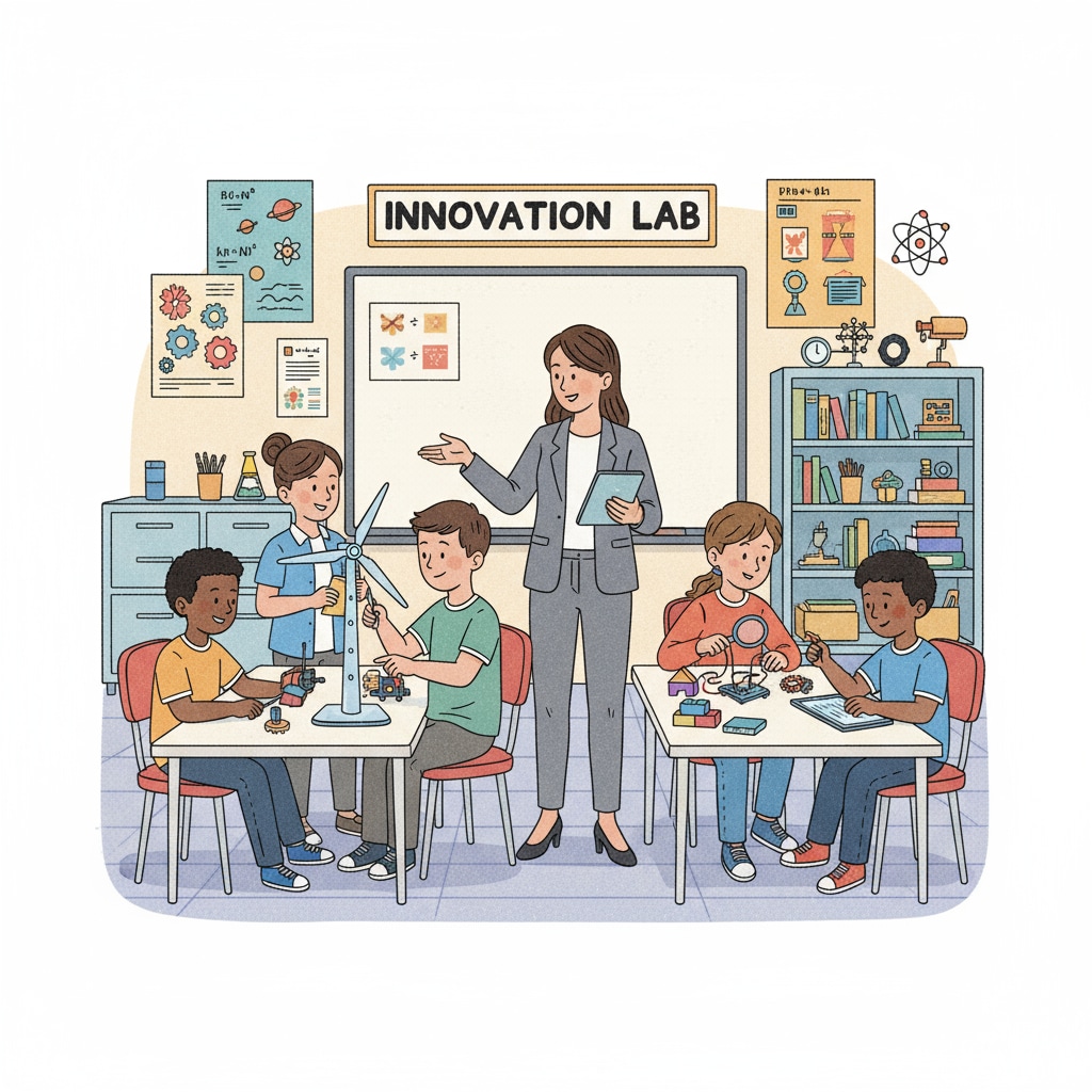Students working on a STEM project with the help of a business professional