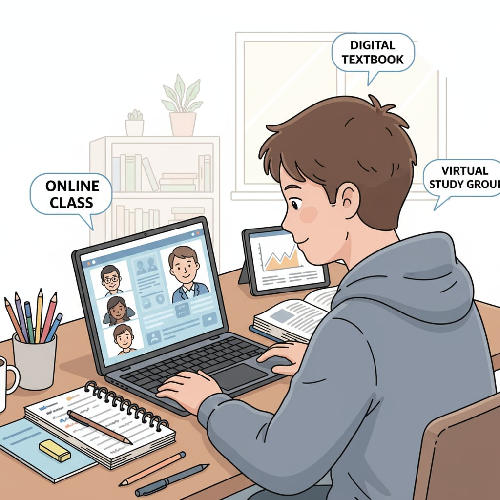 A student sitting at a desk, looking at a laptop screen with various study materials open, representing online learning environment A student engaged in online school, dealing with productivity, procrastination, and mental health aspects