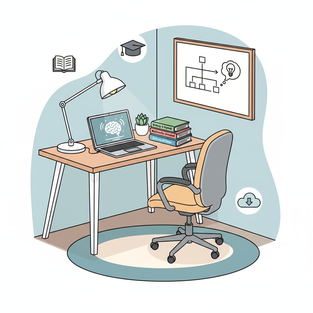 A tidy study corner with a desk, chair, laptop, and books, symbolizing a productive online learning space A productive space for online school to enhance productivity, avoid procrastination, and support mental health