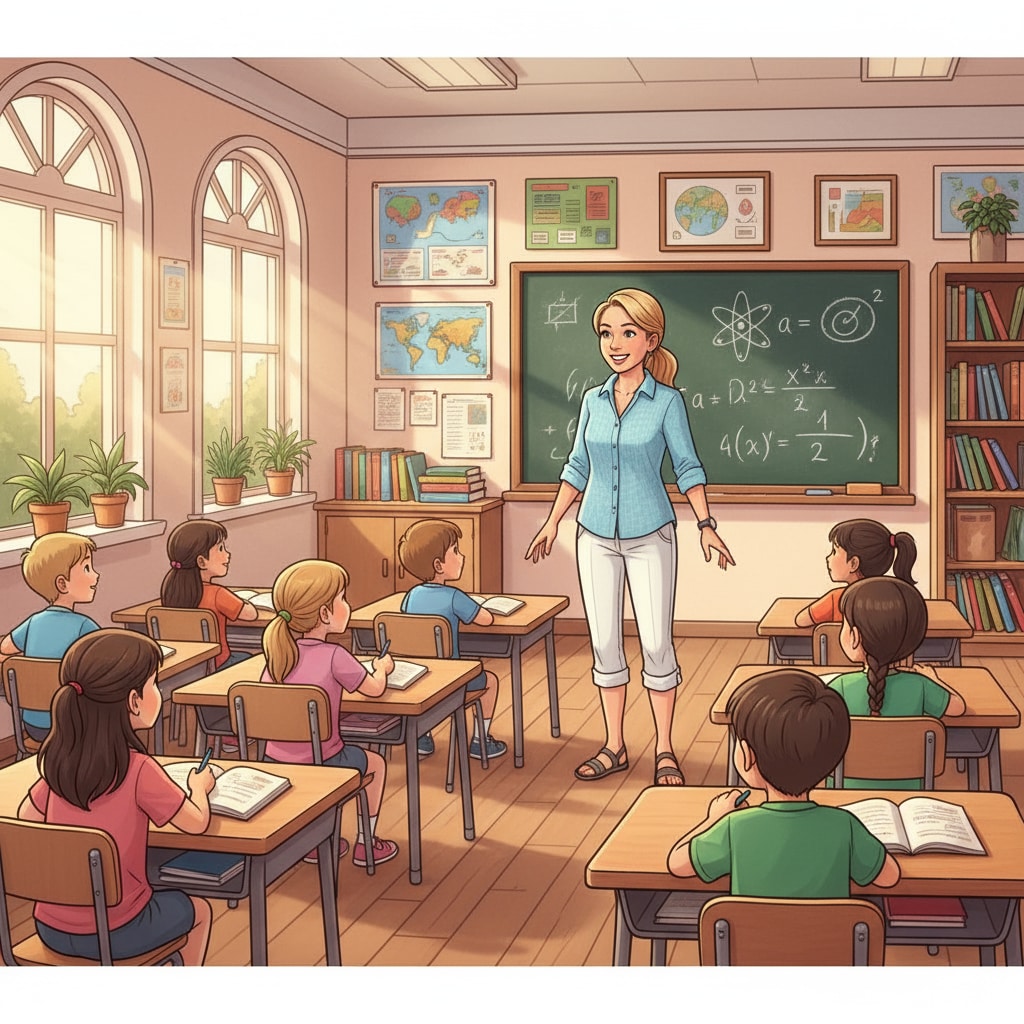 A teacher in a high temperature classroom with no air conditioning, dressed professionally.