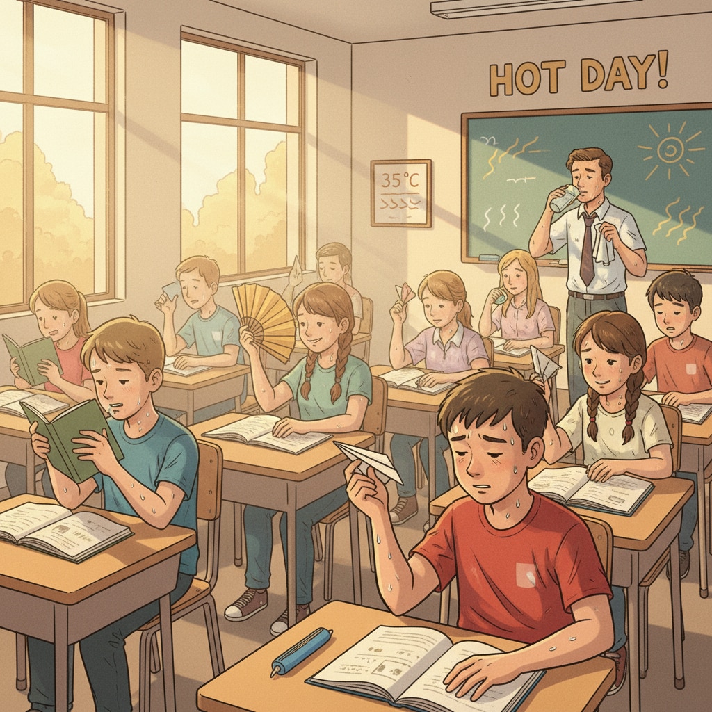Students in a hot classroom without air conditioning.