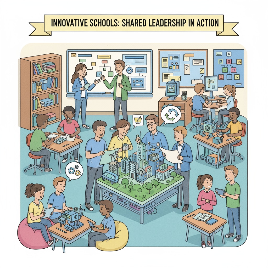Teachers and students working together on a project, demonstrating the shared leadership and innovative spirit in non - traditional schools. Teachers and students collaborating on a project in a non - traditional school for educational innovation