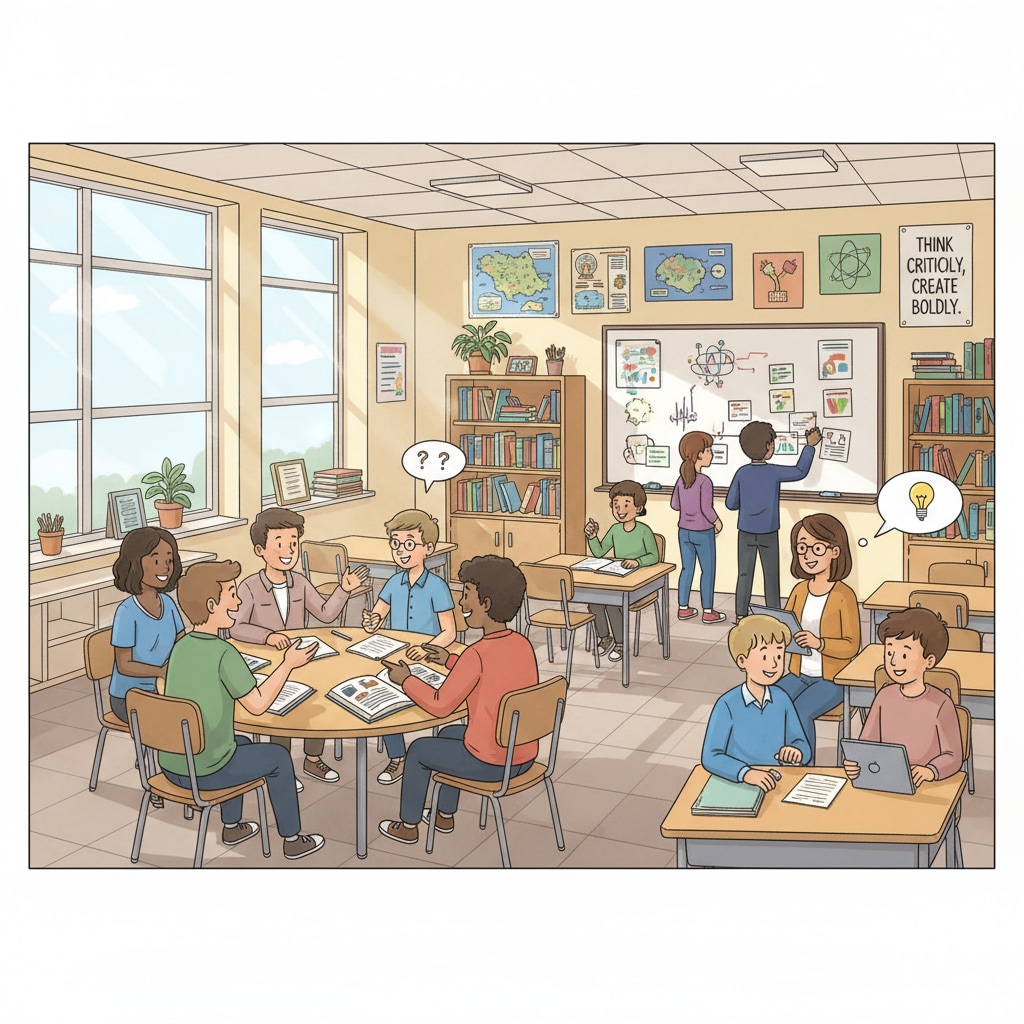 A classroom scene in the US education system highlighting innovation and individuality.