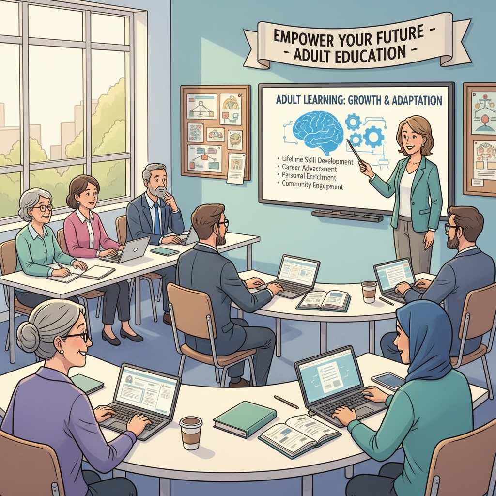 Adult education in a classroom setting for those aiming for high school diplomas and college admissions