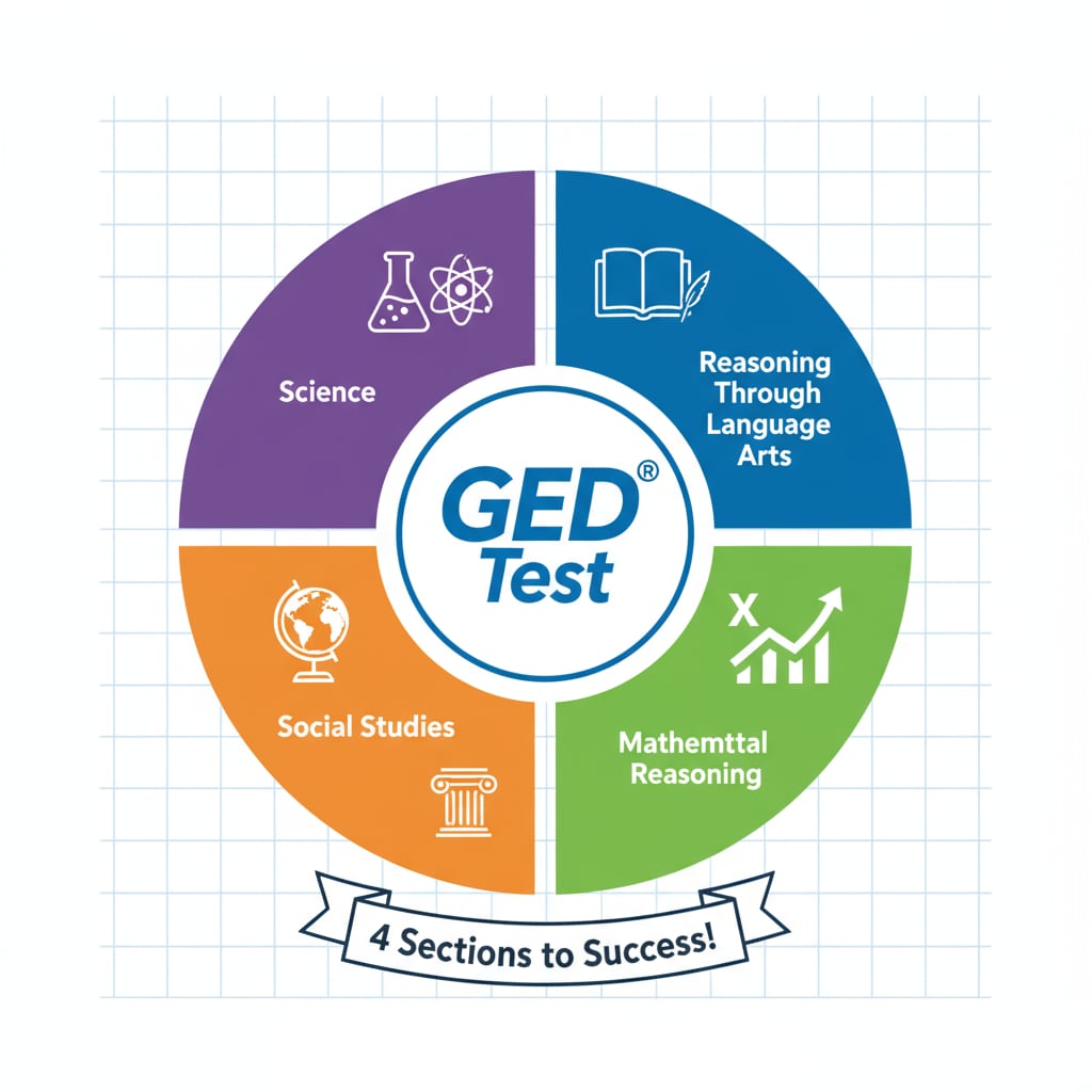 Graphic of GED test sections for adult education and college admissions considerations