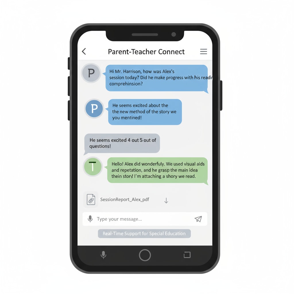 A screenshot of a tutoring app showing a chat interface between parent and teacher, highlighting the real-time communication feature crucial for special education needs. A tutoring app chat interface for parent-teacher connection in special education