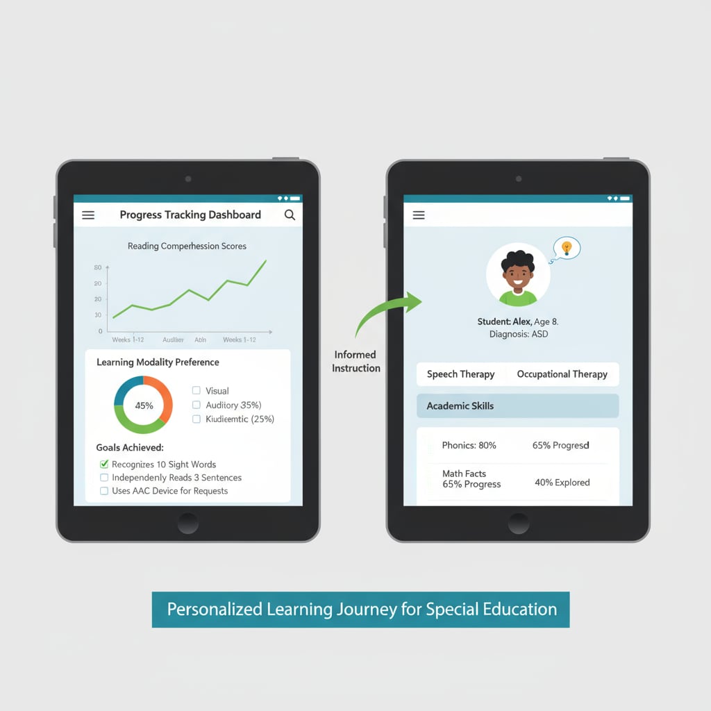 A visual representation of a progress tracking feature in a tutoring app, demonstrating how it helps in monitoring students' development in special education. Progress tracking feature in a tutoring app for special education needs
