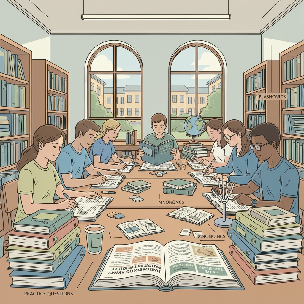 High school students studying for medical school exams in a library to improve study efficiency and fill knowledge gaps
