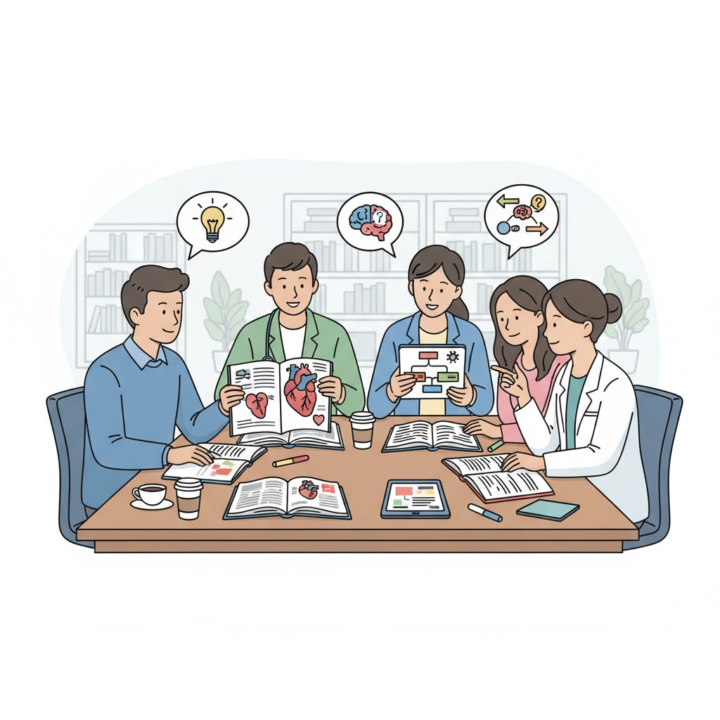 Students discussing medical school study materials in a study group to enhance learning and overcome self-doubt