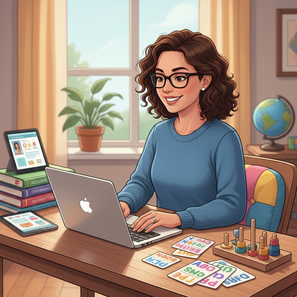 A happy special education teacher doing remote part-time job for financial improvement