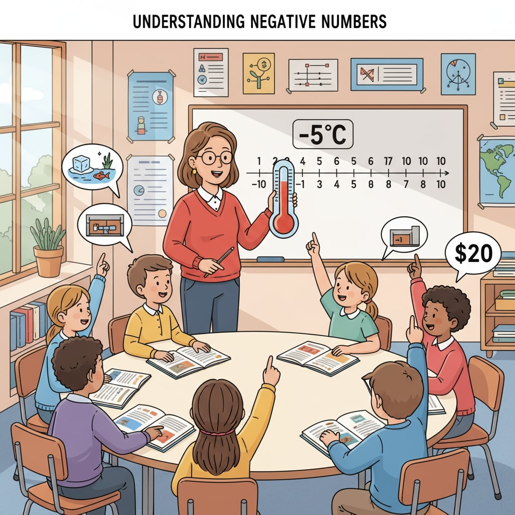 Fourth graders discussing negative numbers in a classroom, showcasing their mathematical understanding ability.