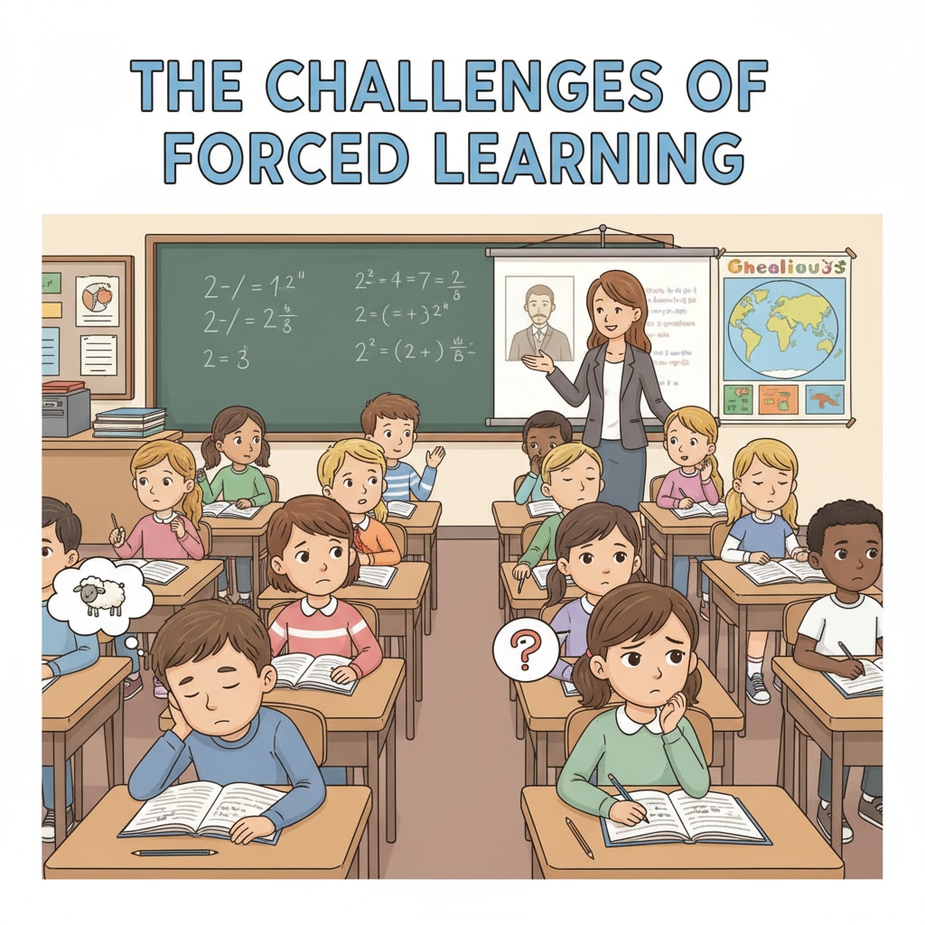 A classroom scene depicting the challenges of compulsory learning, education system, and student behavior.