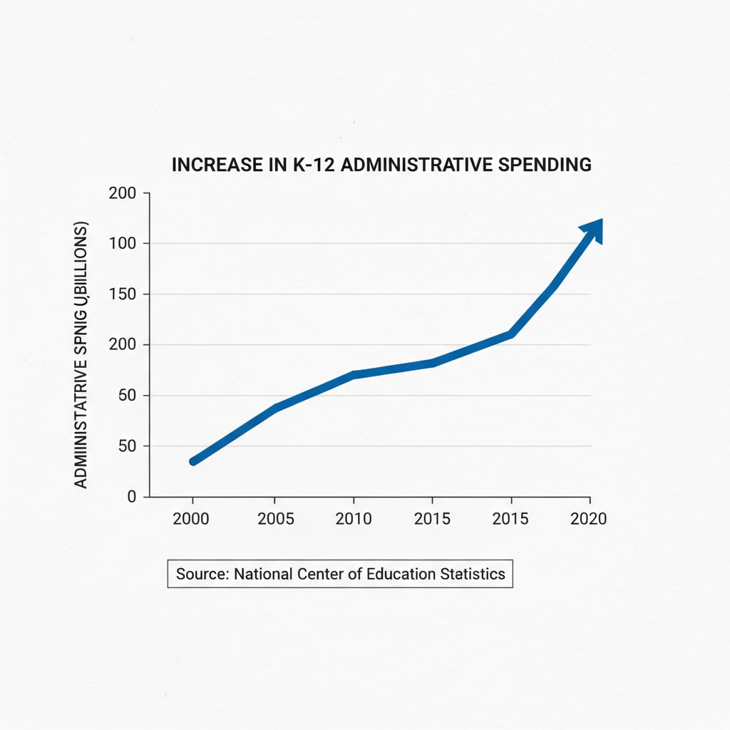 Graph showing the increase in administrative expenditures in K12 education related to education management, administrative salaries, and student performance