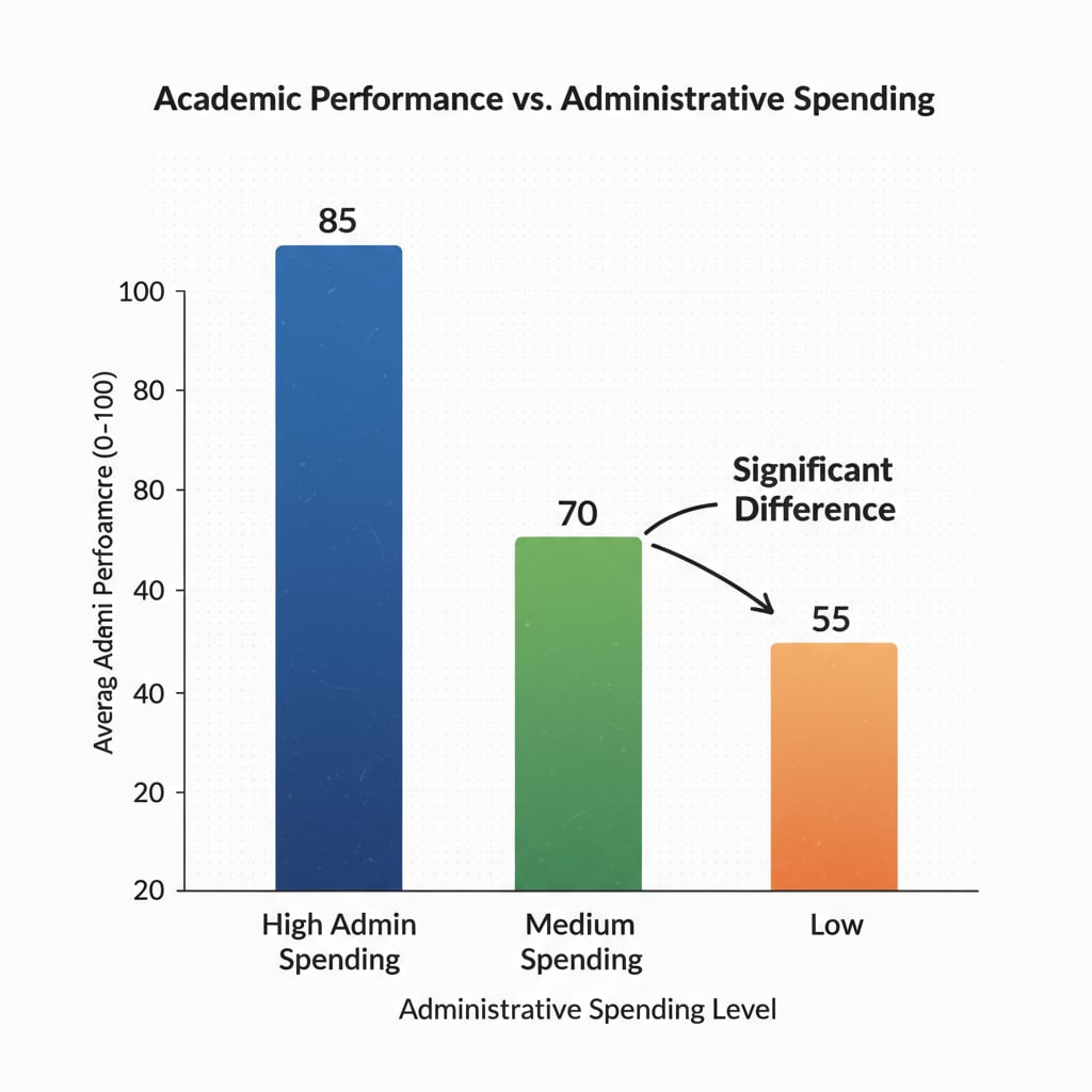 Bar chart comparing student performance in schools with varying administrative spending, relevant to education management, administrative salaries, and student performance