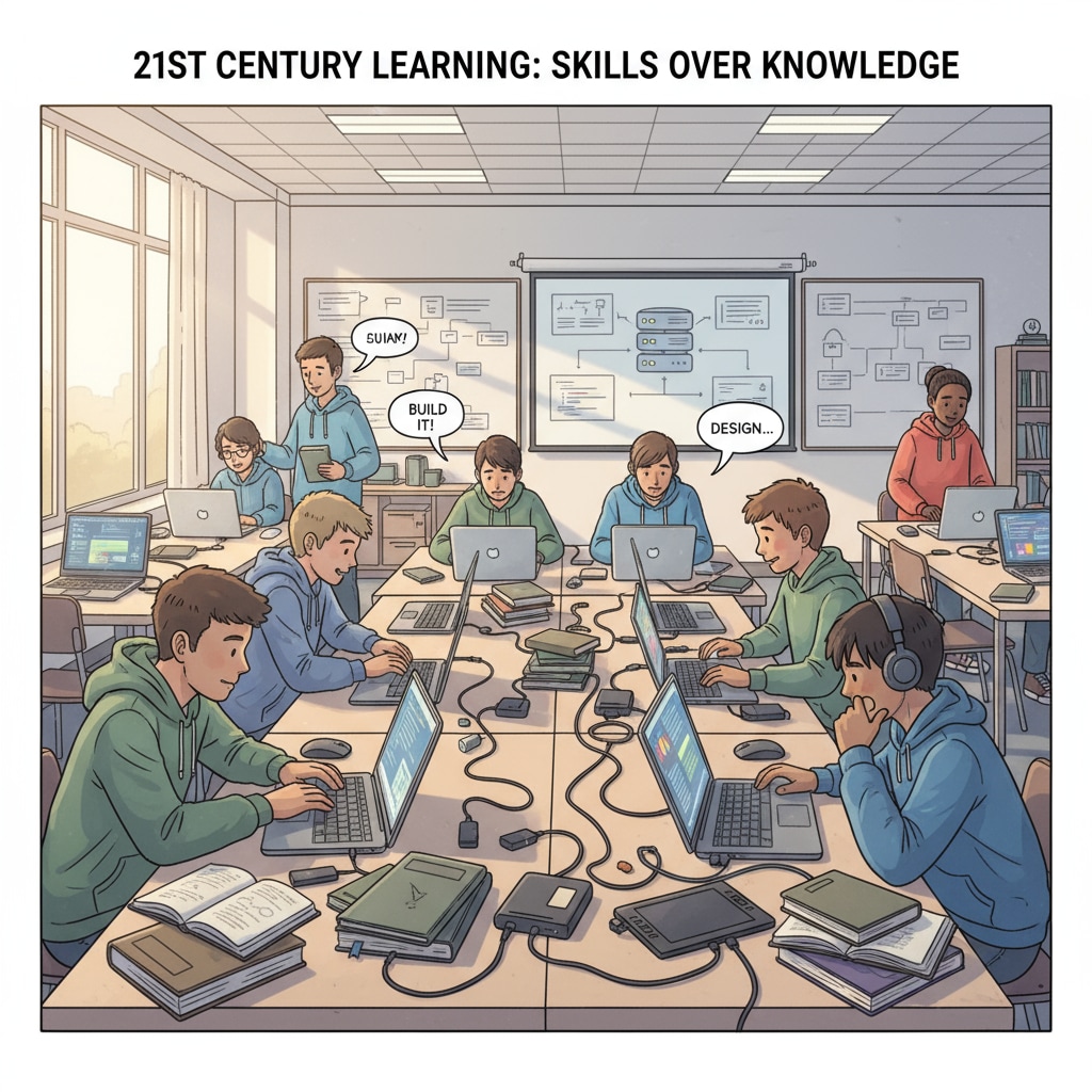 Classroom scene showing the dominance of skills training over traditional knowledge learning in relation to educational standards, historical knowledge, and basic literacy