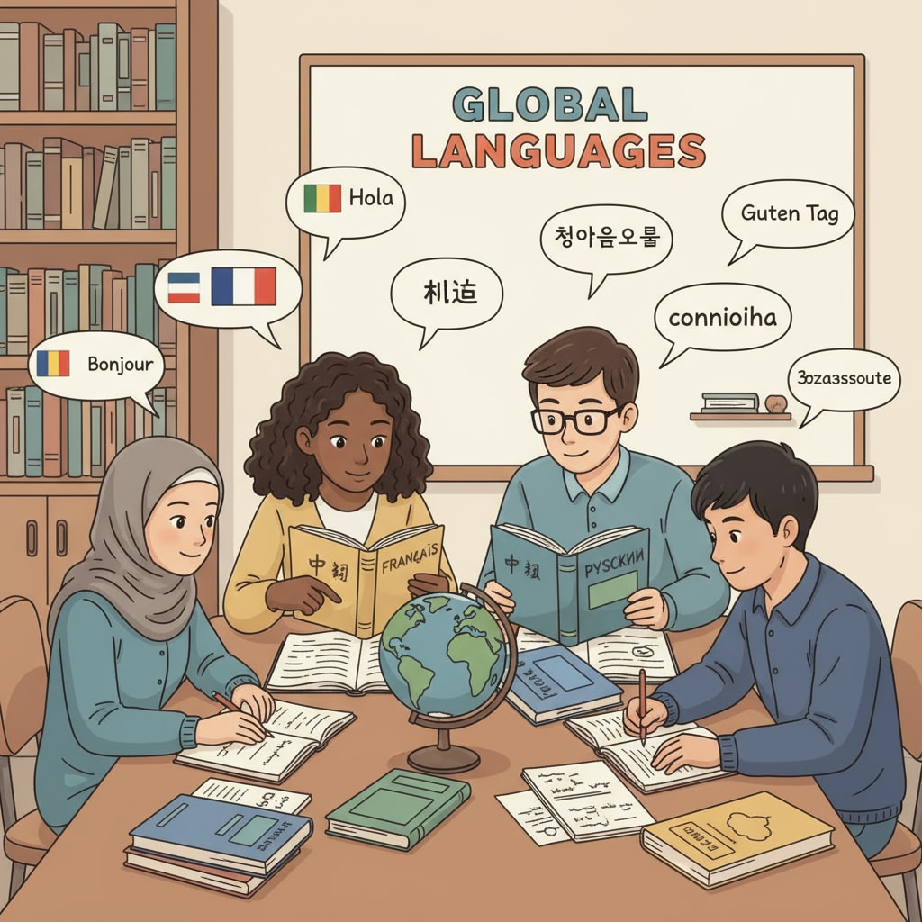 A diverse group of students learning languages, representing language learning, knowledge value, and cultural horizons.
