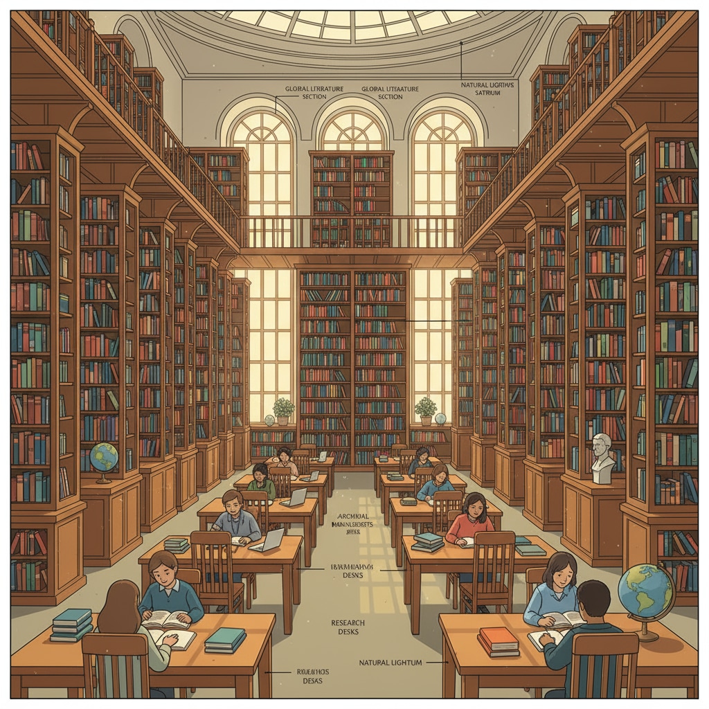 A library filled with books in various languages, symbolizing the knowledge value in language learning and cultural horizons it offers.