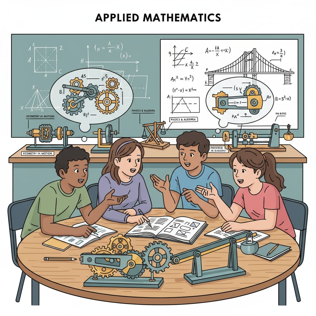 Students in a math class with mechanical engineering - related models, representing the combination of teaching, mechanical engineering, and mathematics education