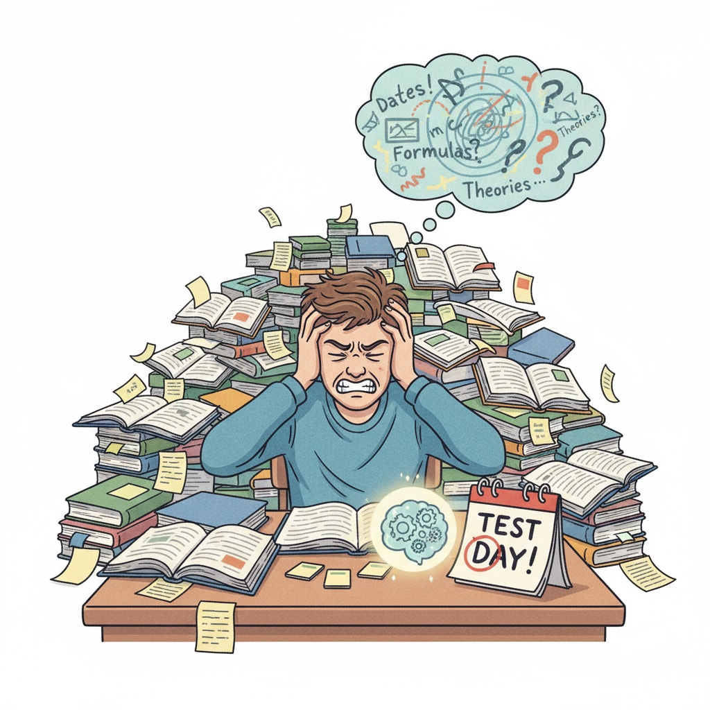 A student struggling with memorization for a test, emphasizing the role of memory in standardized tests and its impact on educational assessment.