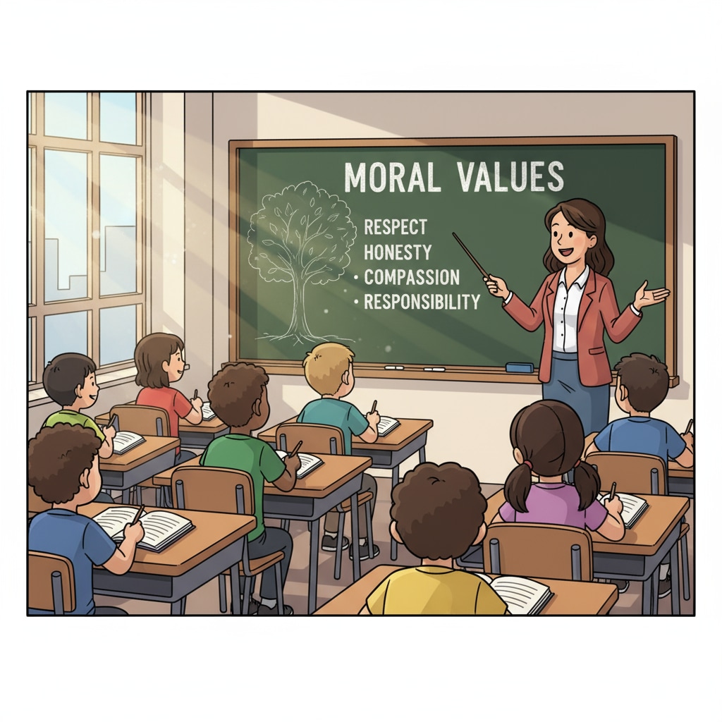 Students listening to moral value explanation in a school setting for moral and ethical education