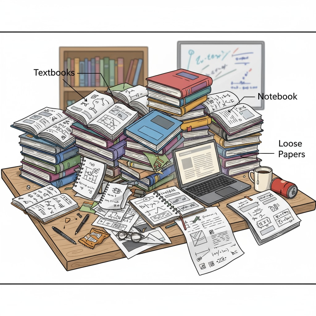 A disorganized study desk during exam preparation