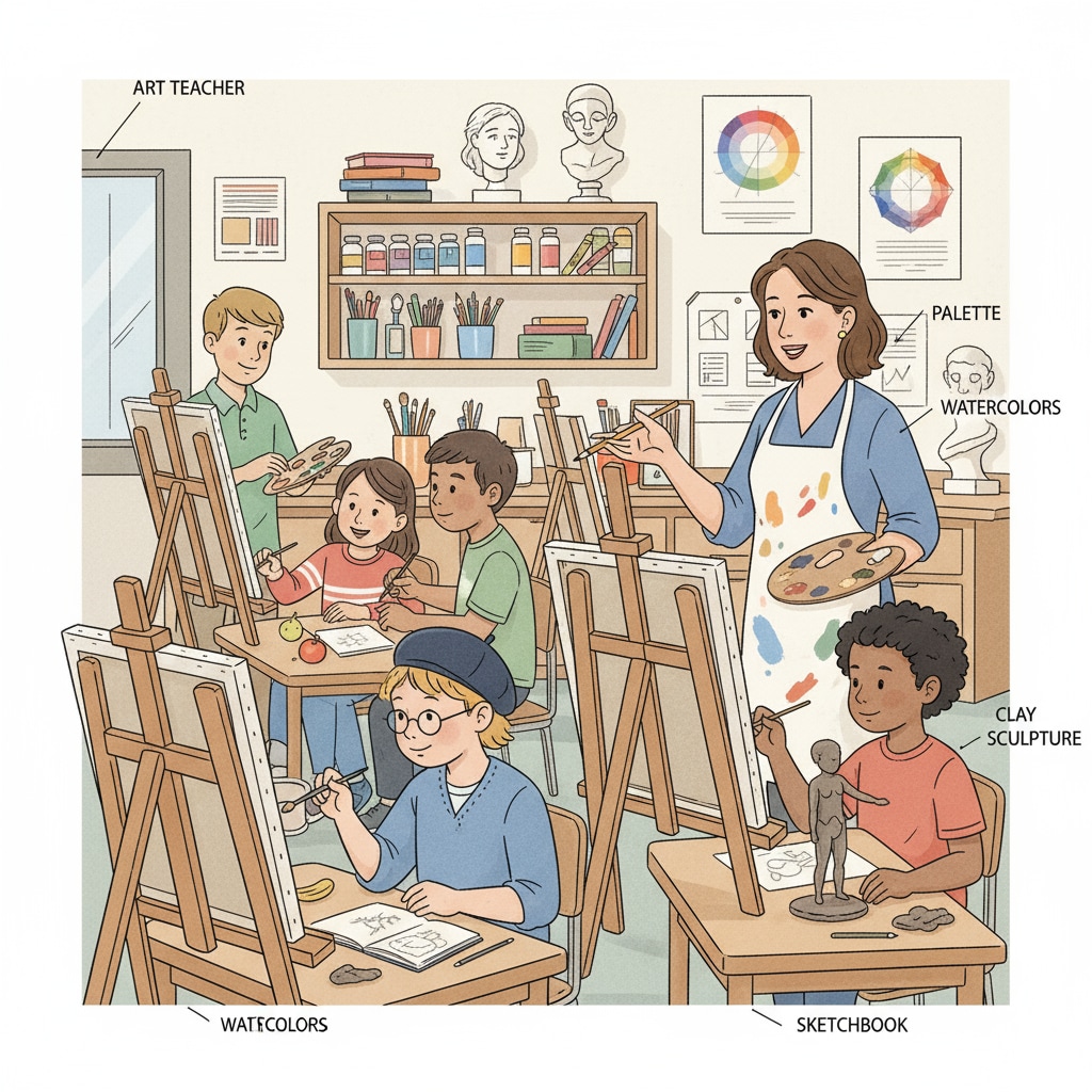 Students in an art class with the art teacher, highlighting the role of special subject teachers in the context of curriculum and resource allocation