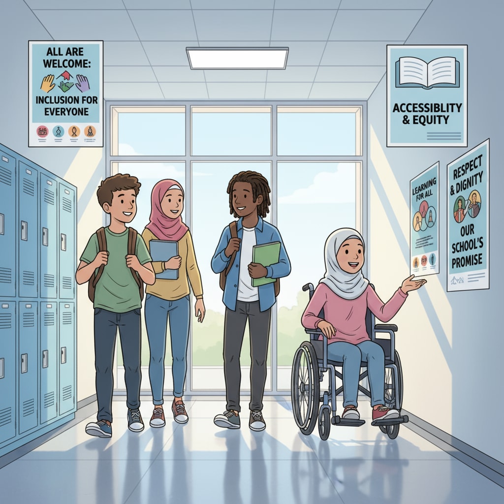 Students in a school hallway with inclusive policy signs, related to Ministry of Education's review of Fairfax County schools' bathroom gender policies