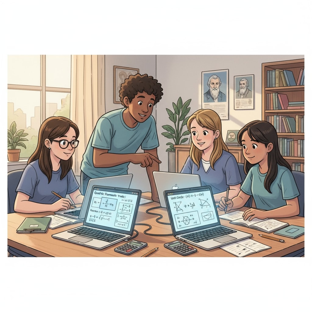 A group of students are studying high school math through an online platform, with their laptops showing math problems and explanations. Students studying high school math online for standardized tests improvement