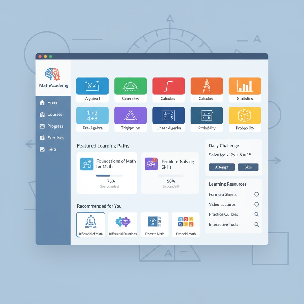 The interface of popular online math learning platforms, showing various math courses and learning materials. Online math learning platforms interface for high school students' standardized test prep