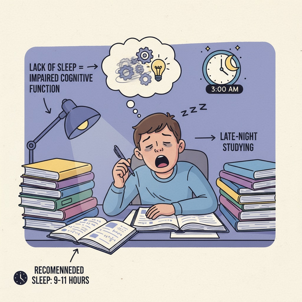 A tired K12 student yawning while studying, highlighting the connection to thinking abilities, cognitive difficulties, and concentration.