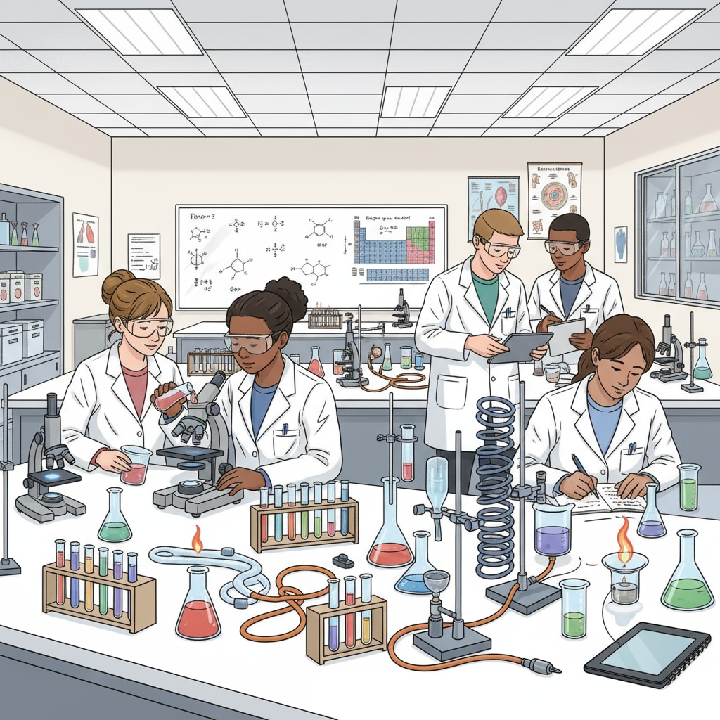 High school students engaged in a STEM-related extracurricular activity of science experiment in a laboratory for college application preparation