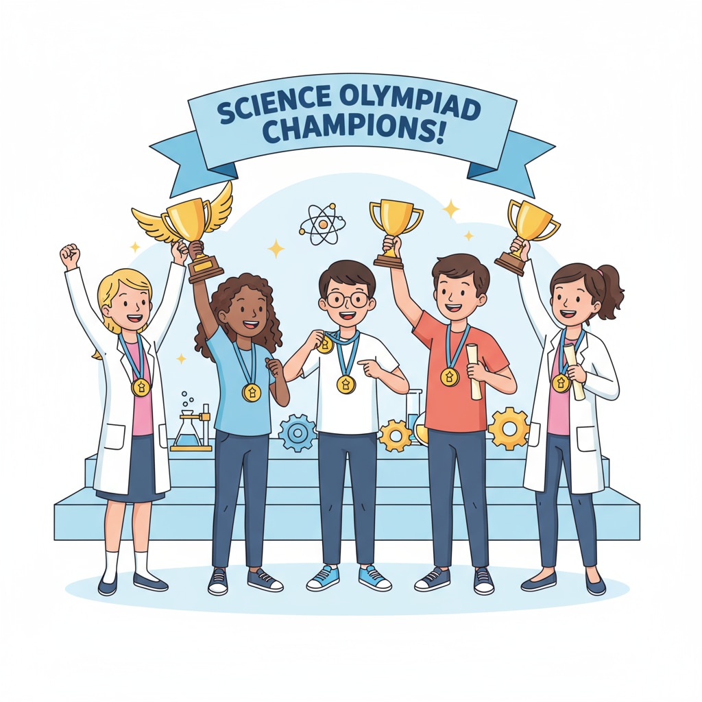 Students celebrating their victory in a STEM-related extracurricular Science Olympiad competition for college application enhancement