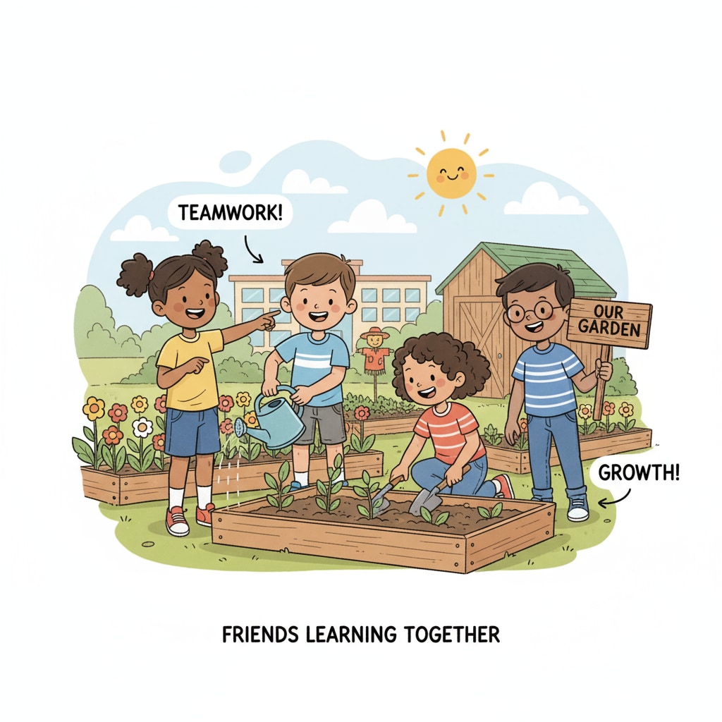 Students practicing teamwork and communication in the school garden as part of hands-on educational activities