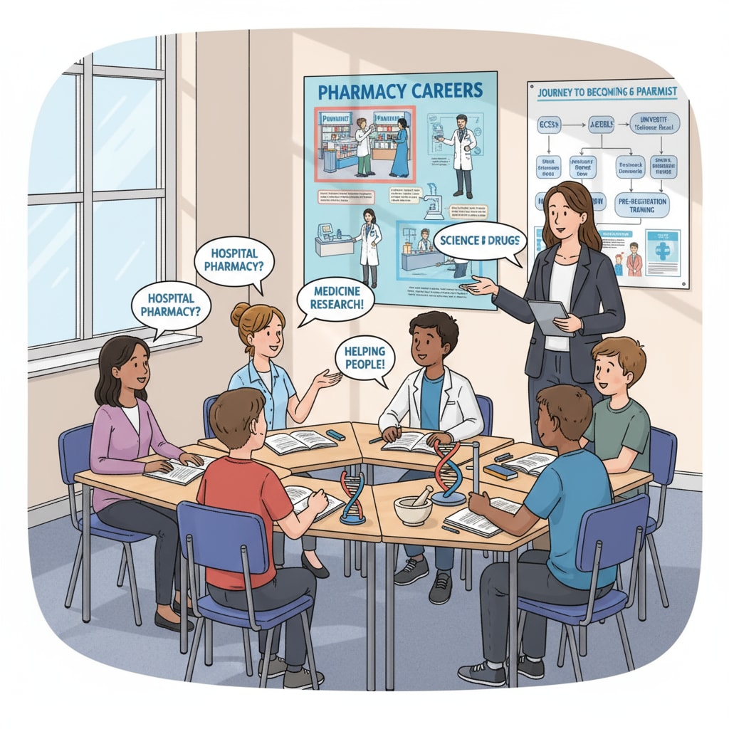 Classroom discussion on pharmacy career paths in UK K12 education