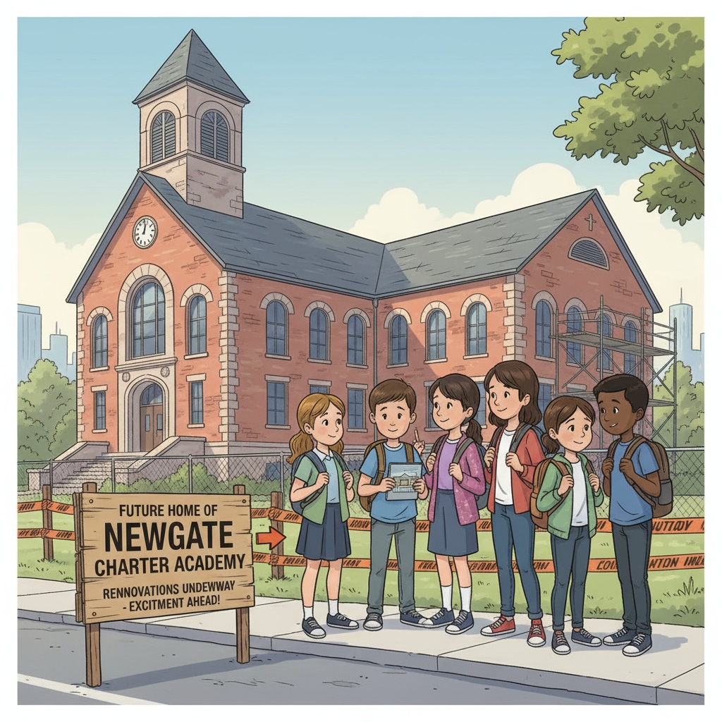 Students in front of a public school building with signs suggesting charter school related changes, highlighting school district, public school, charter school, resource allocation issues.