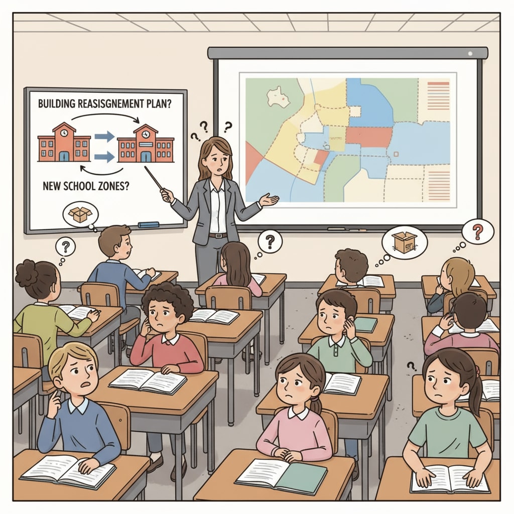 Students in a public school classroom showing confusion during discussions about building reassignment, related to school district, public school, charter school, resource allocation.