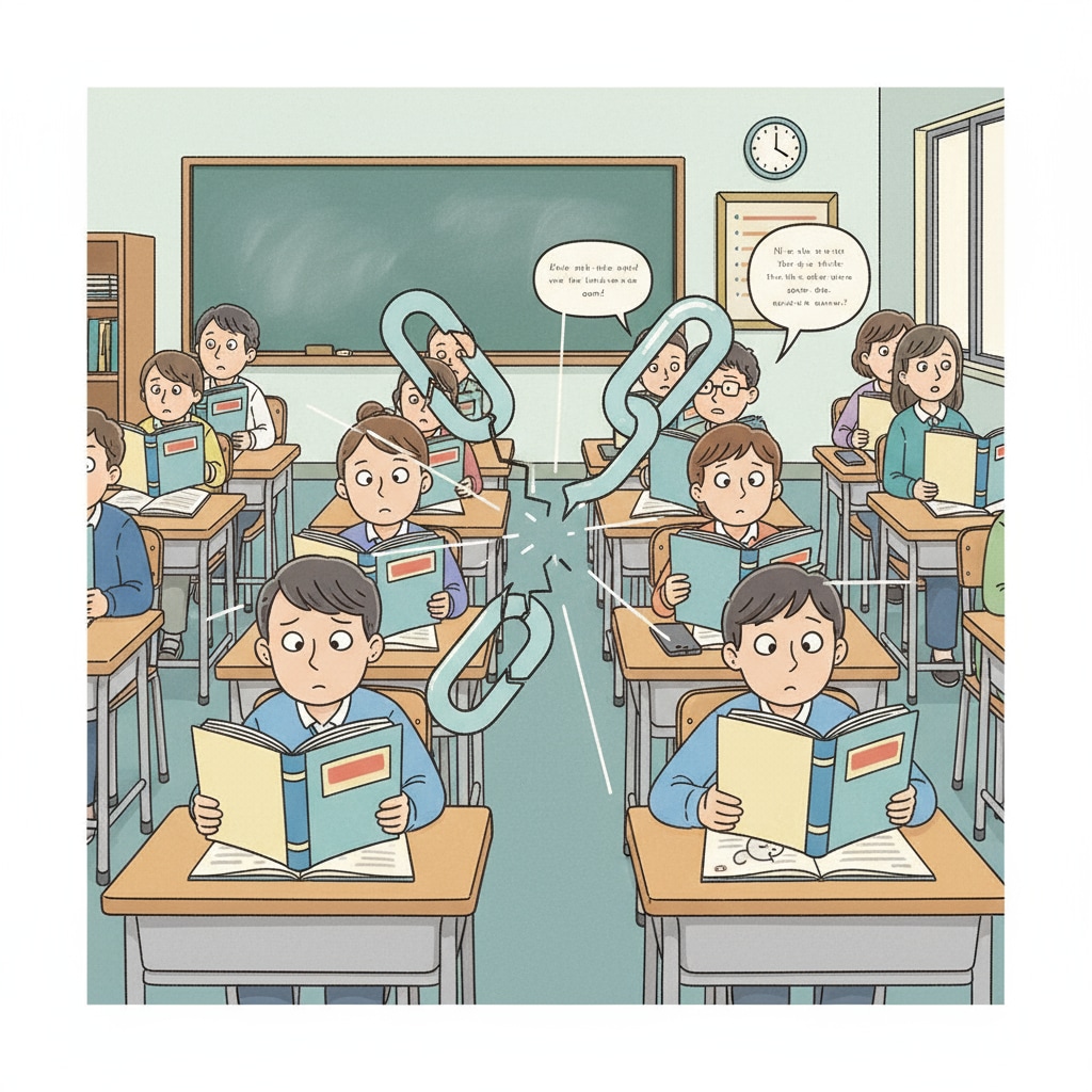 A classroom scene depicting the disconnection between educational choices and real life goals due to social pressures and conformity psychology