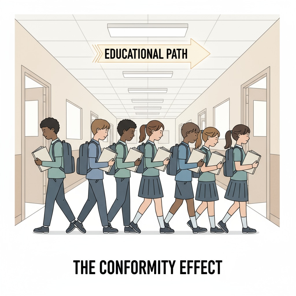 A group of students walking in a line, showing the impact of conformity psychology on educational choices related to educational purposes and social pressures
