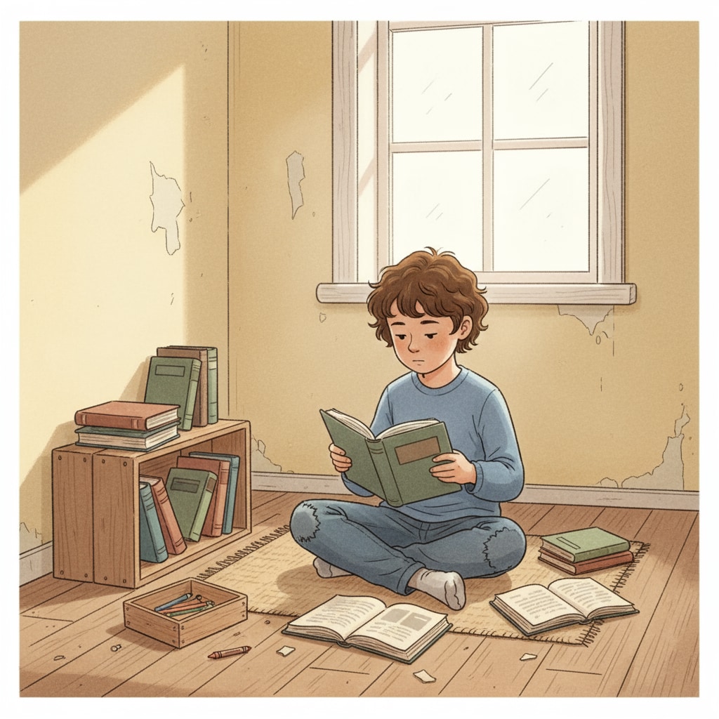 A child reading books at home with limited variety, highlighting educational limitations in home education