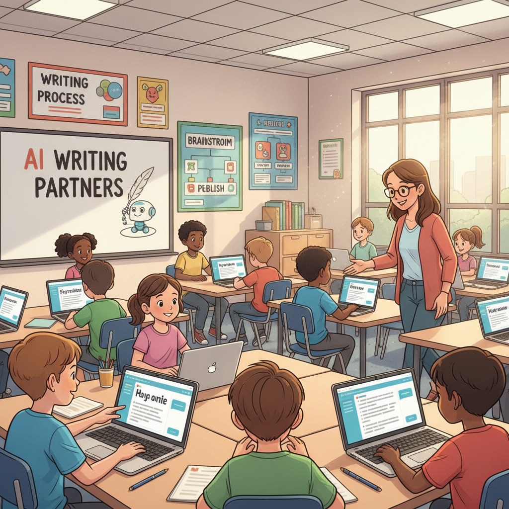 A scene of students in a K12 classroom, some using laptops with AI writing tools open to help with their writing. Students in a K12 classroom utilizing AI writing tools for writing.