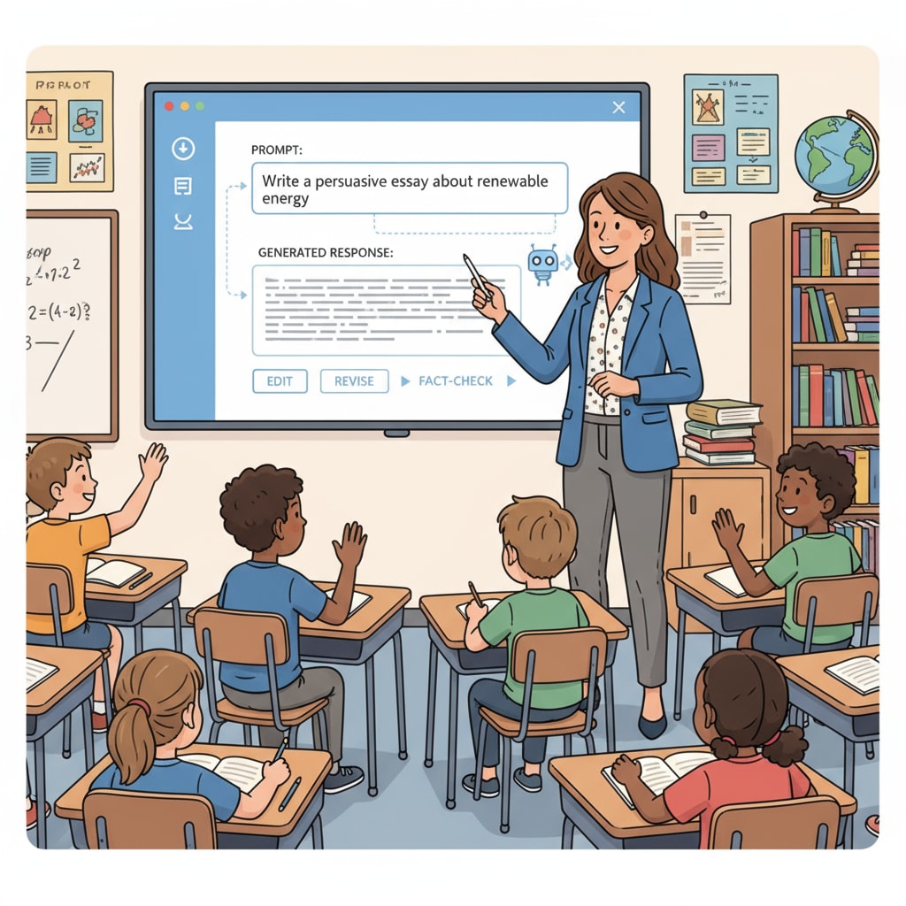 A teacher standing in front of a K12 classroom, pointing at a screen showing an AI writing tool interface while explaining to students. A teacher in a K12 classroom educating students on the proper use of AI writing tools.
