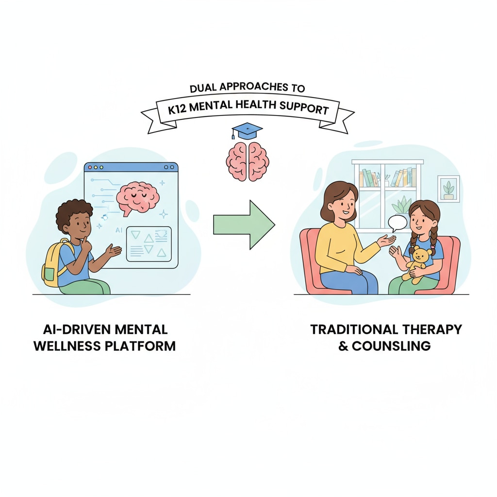 An illustration showing the interaction between AI, human therapist and K12 student in mental health support for AI vs human comparison