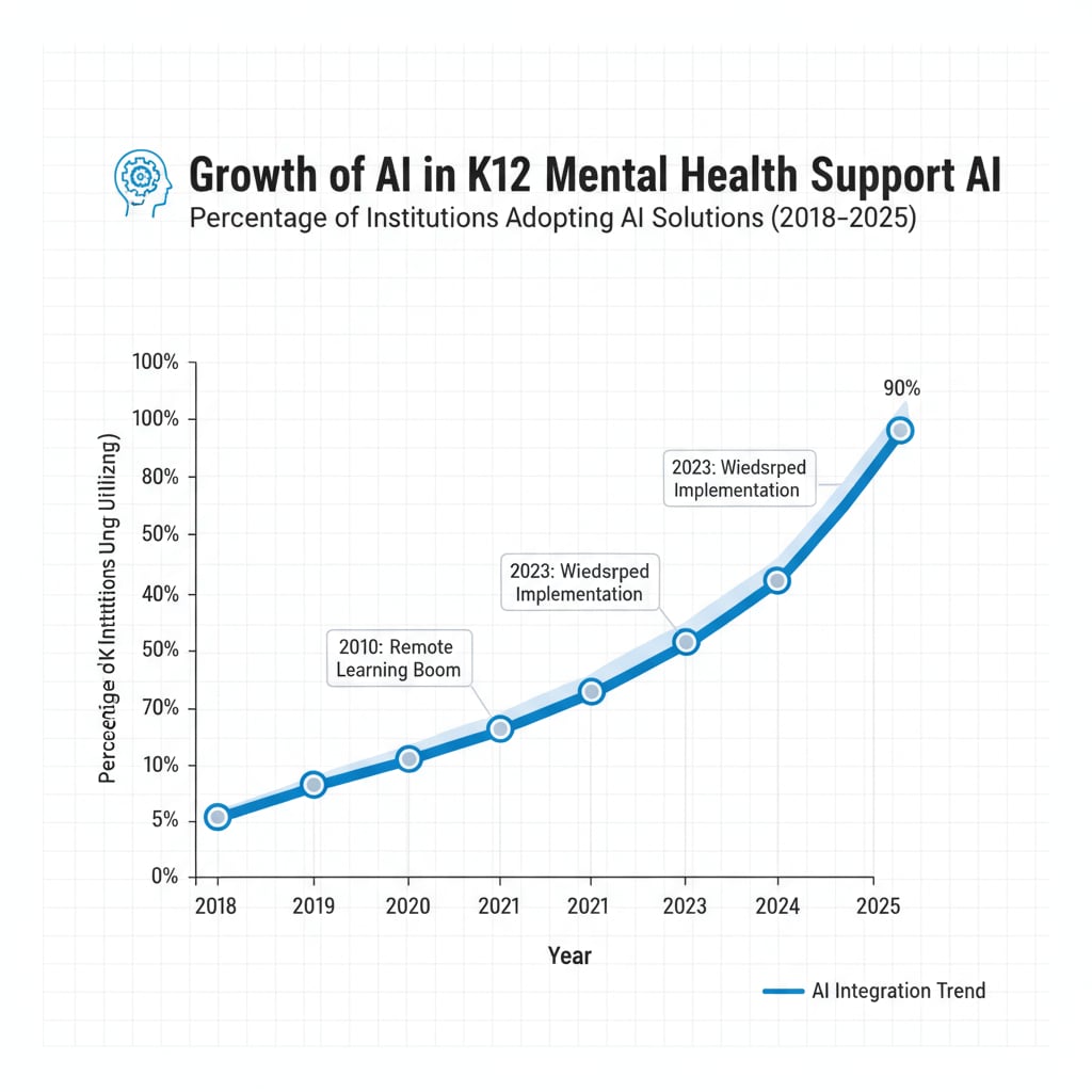 A graph showing the increasing trend of AI usage in K12 mental health support relevant to AI and human in mental therapy