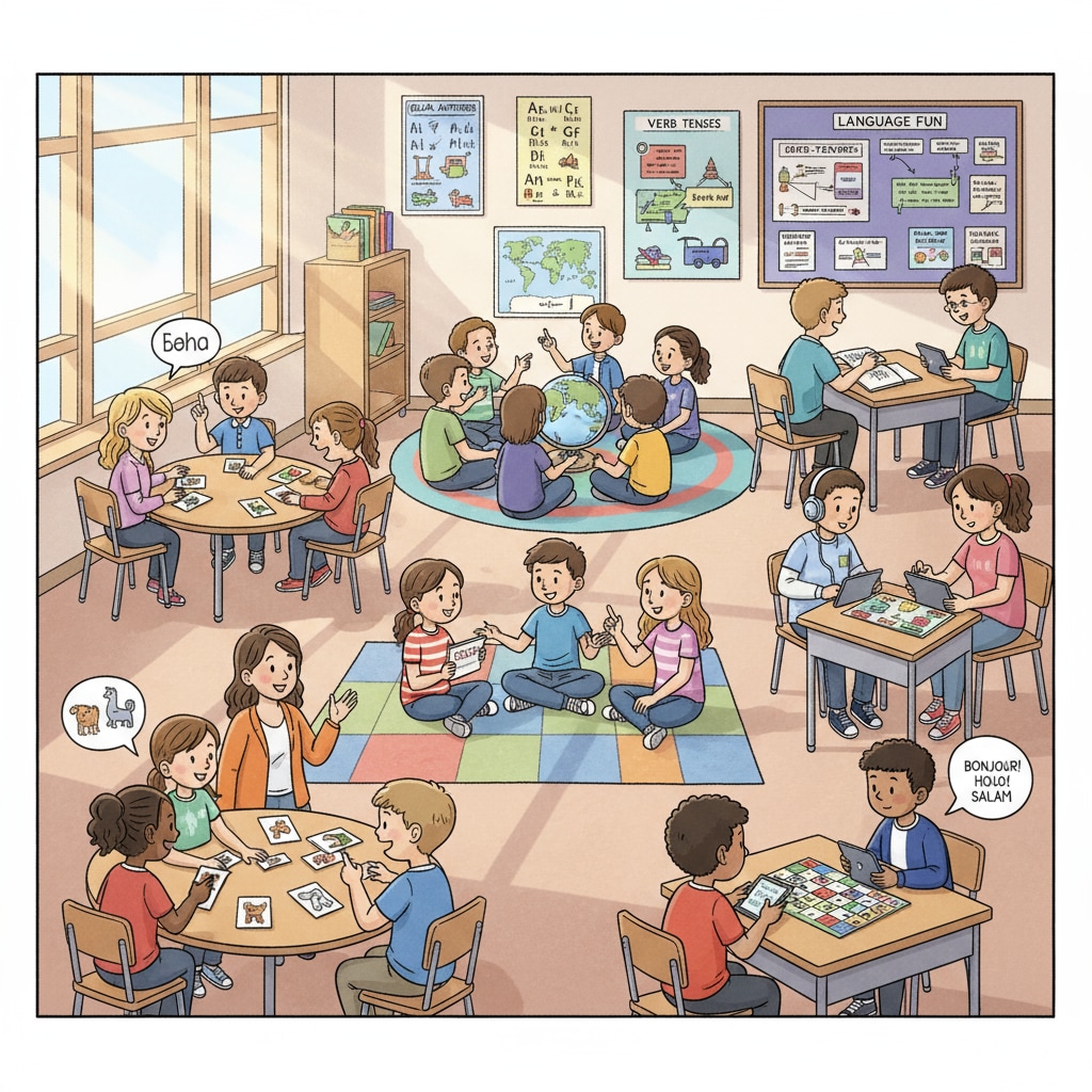 K12 students engaged in multilingual learning activities