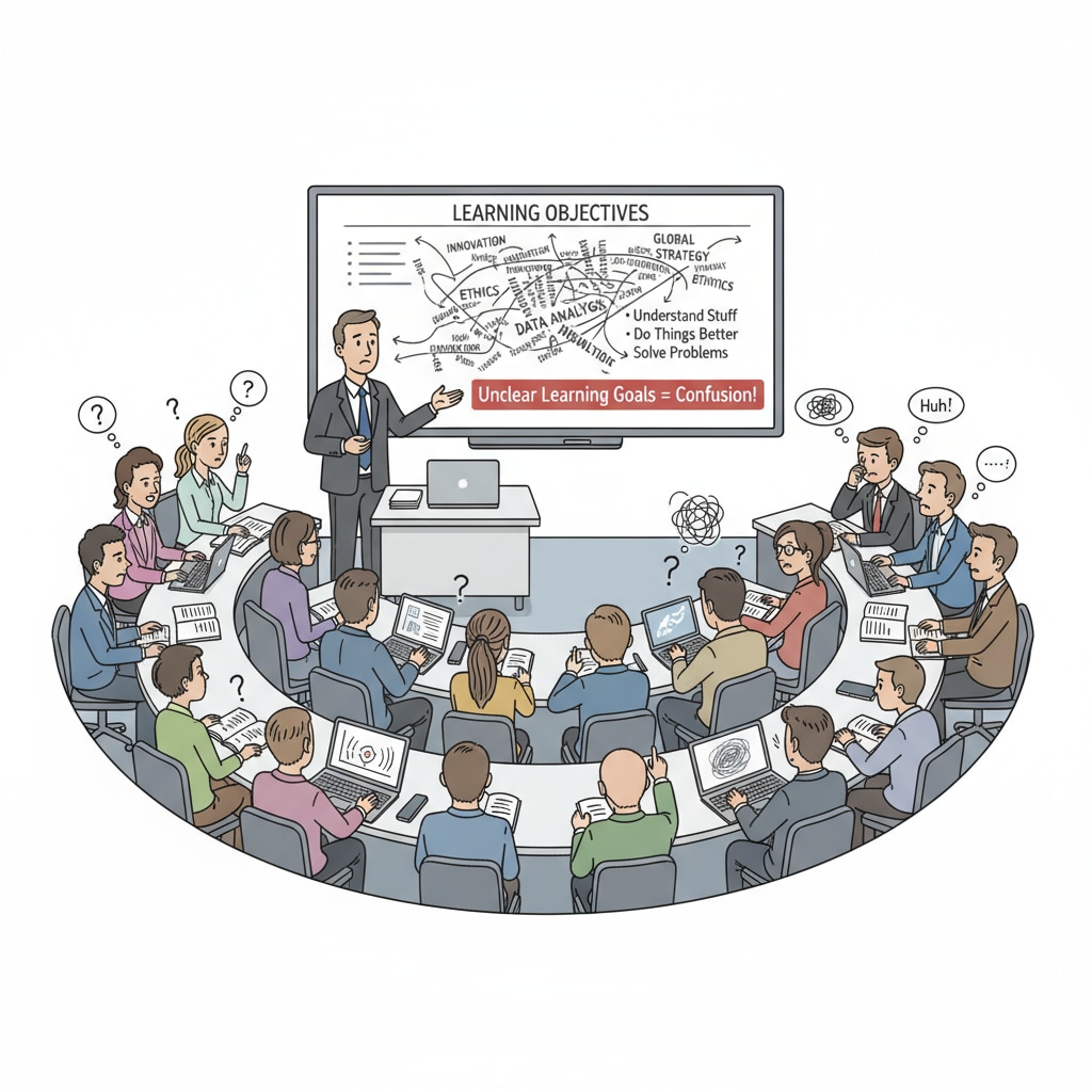 Students in a professional school classroom confused due to lack of clear learning objectives related to pedagogical foundations and instructional design